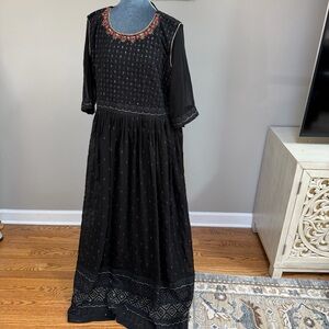 Black Indian embroidered maxi dress tassel tie back gold pink accent gown 3XL